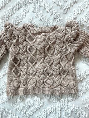 Baby Girl Cable Knit Sweater With Ruffles | Taupe Cotton | Nicole Miller | 0-3M